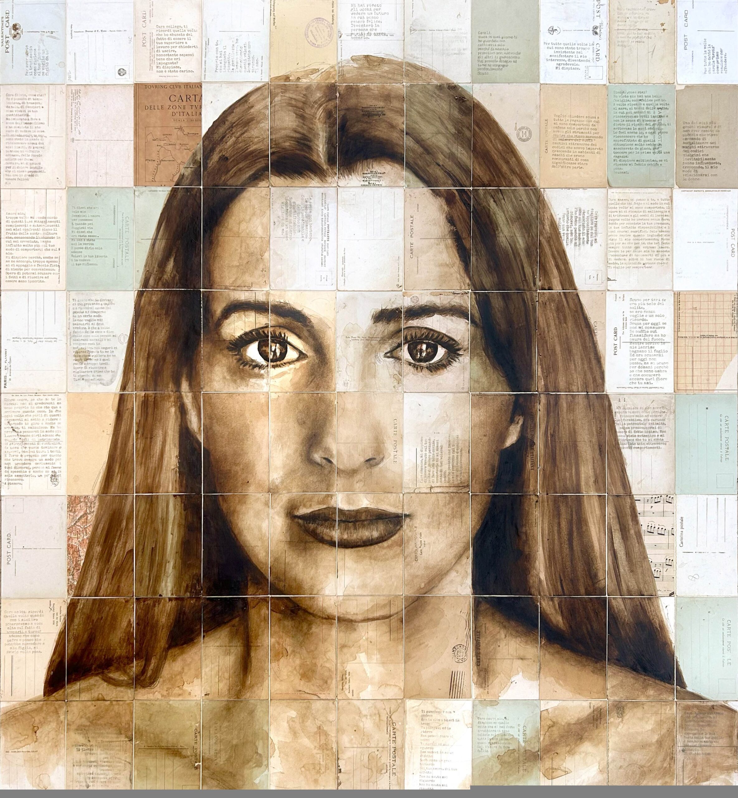 Fabio Imperiale, Noi Siamo – (Lazio ), 2025, caffè e bitume su cartoline antiche su tavola cm 98 x 106 Cou rtesy Cris Contini Contemporary